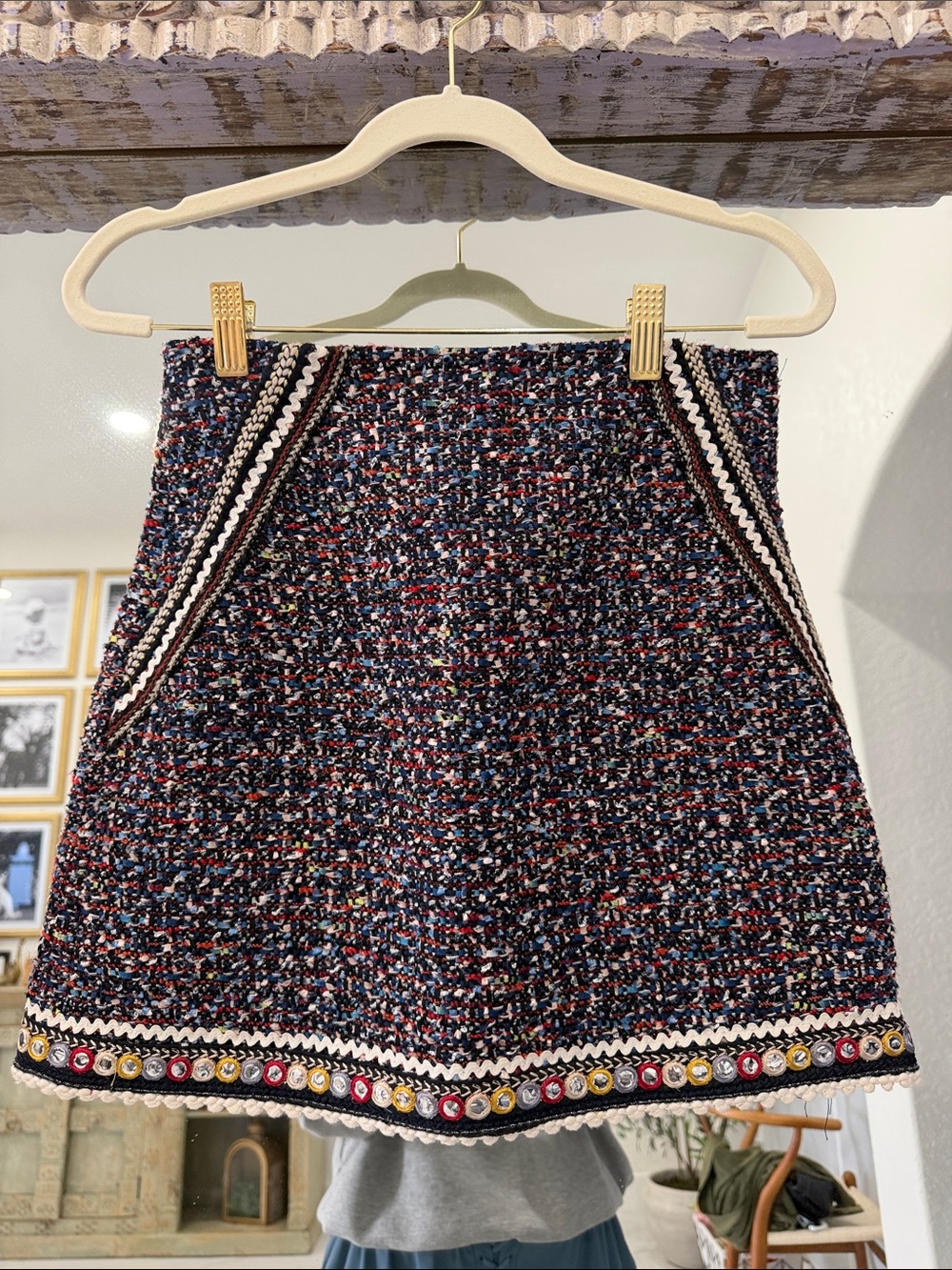 Zara Navy Multicolor Tweed Mini Skirt with Embellished Hem